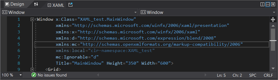 Okno editoru kódu XAML v sadě Visual Studio