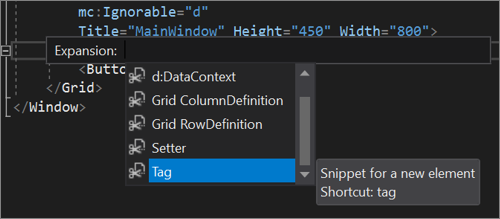 Editor kódu XAML s možnostmi fragmentu kódu XAML zobrazenými v IntelliSense