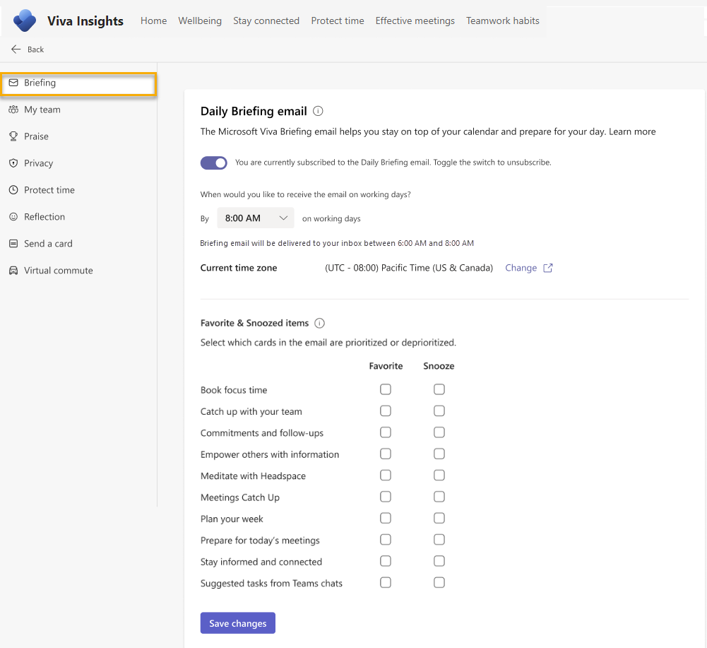 Screenshot of the Settings page in the app, with Briefing highlighted on the app's left pane.