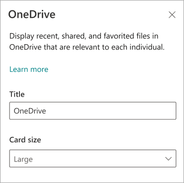 Screenshot showing card size options in the OneDrive card properties panel.