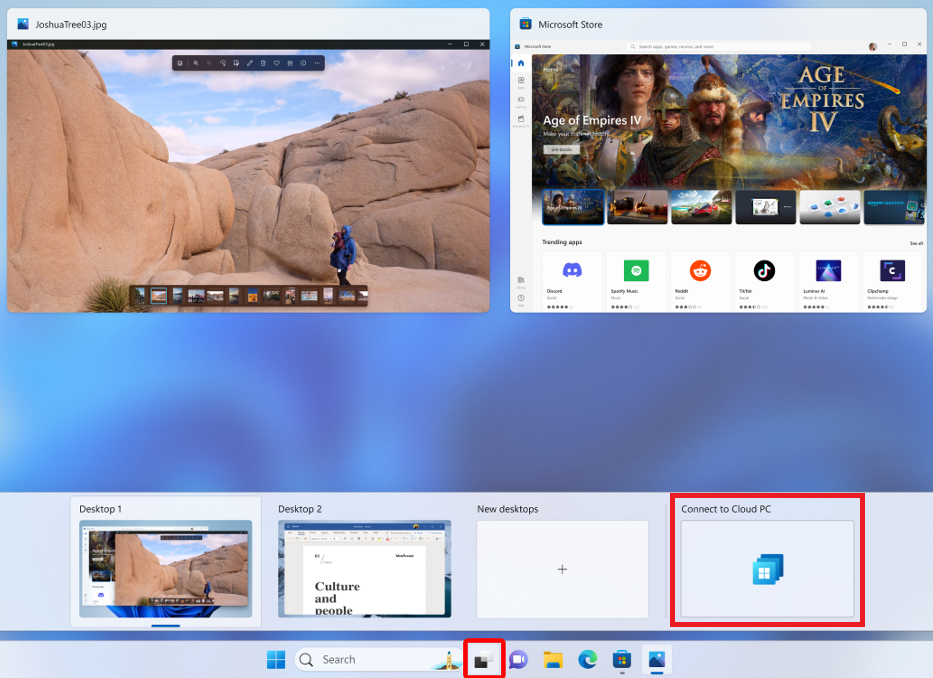 Snímek obrazovky znázorňující cloudový počítač přidaný do zobrazení úloh ve Windows 11