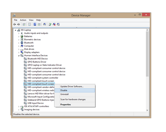 screenshot showing how to use device manager to disable any touchscreen device that is not under test.