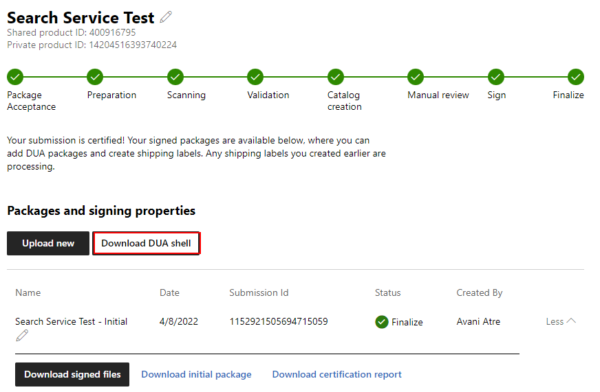 Screenshot that shows the DUA download button for a driver submission