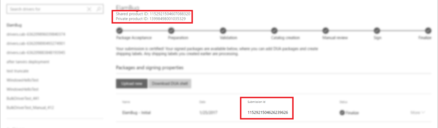 Screenshot that shows that the three ID types and values are listed in the Partner Center.