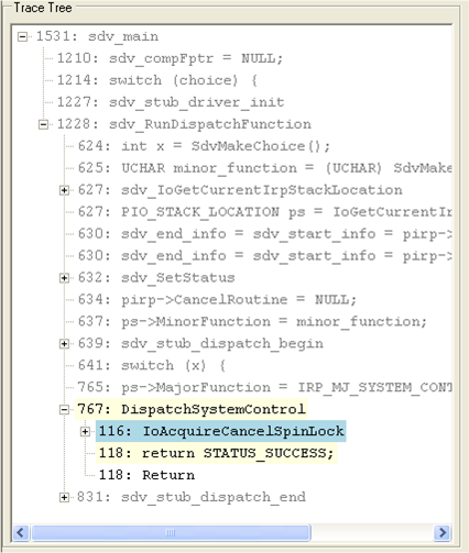 Screenshot of the trace tree pane displaying critical elements of source code executed in the path to a rule violation.