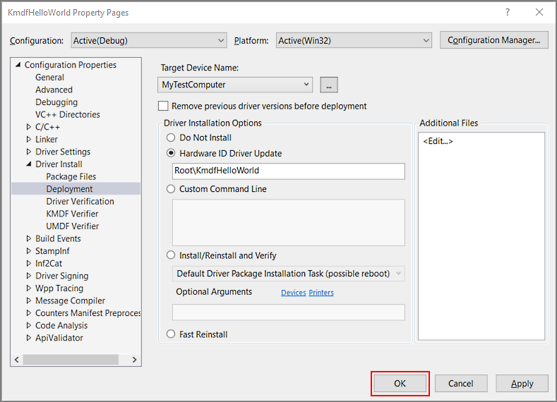 Screenshot of the kmdfhelloworld property pages window with the deployment driver install option selected.