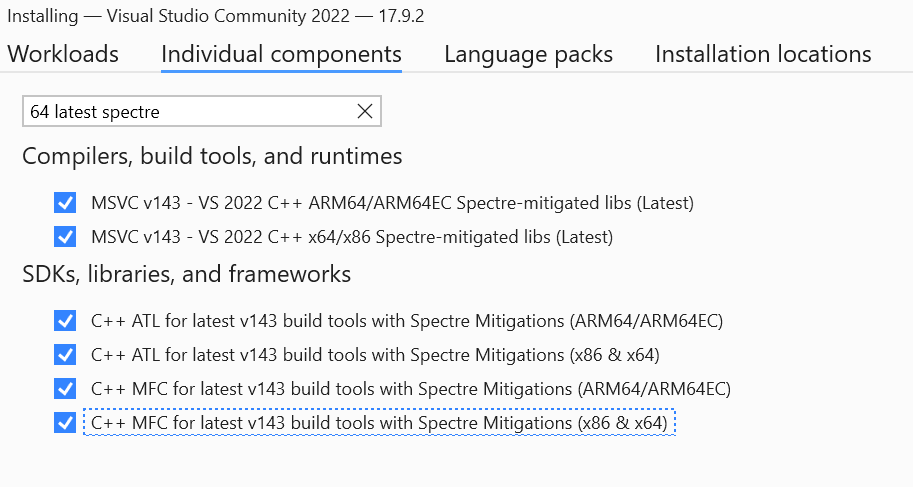 Image showing the six components listed with checkboxes set.