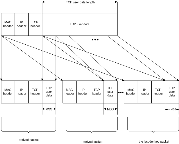 diagram znázorňující segmentaci velkého paketu TCP do menších paketů s hlavičkami MAC, IP a TCP