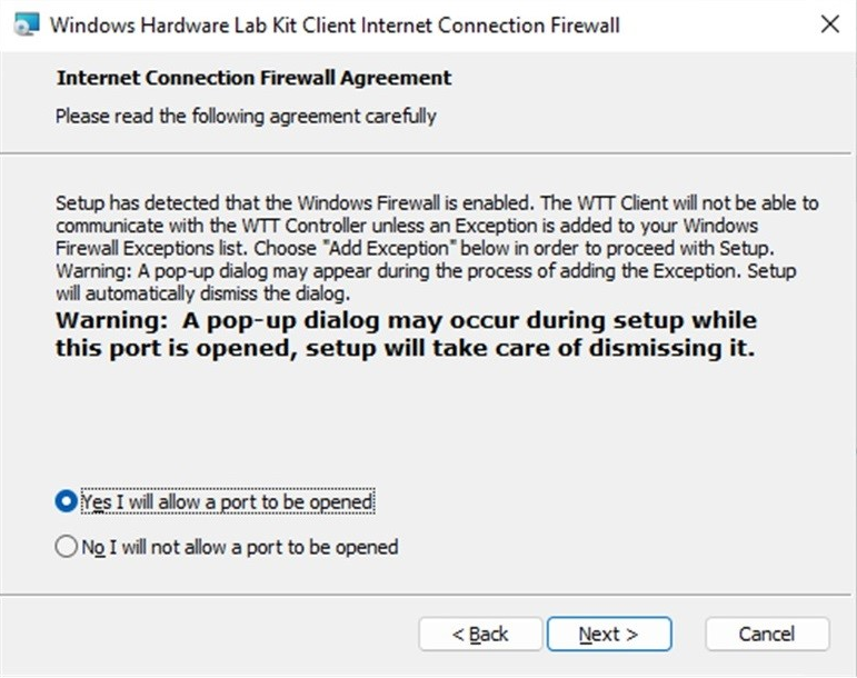 HLK Client requests port to be opened, which is required for installation