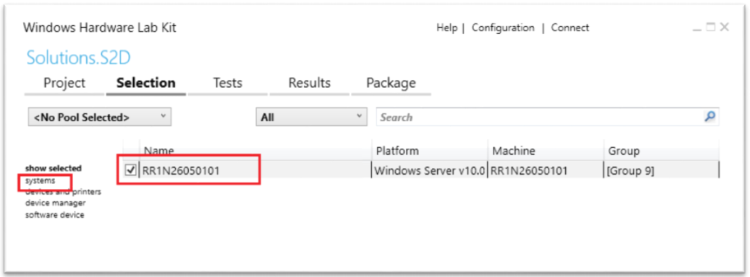 hlk studio showing systems tab with pcs test controller selected