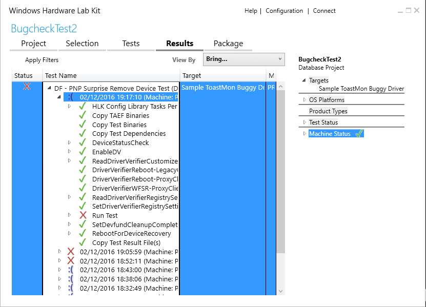 sample results tab showing a test that failed due to system crash