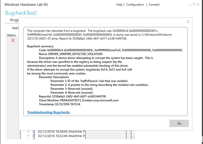 sample bugcheck summary information dialog