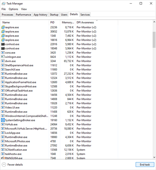 Showing the DPI Awareness category in Task Manager, with examples of Per-Monitor and System.