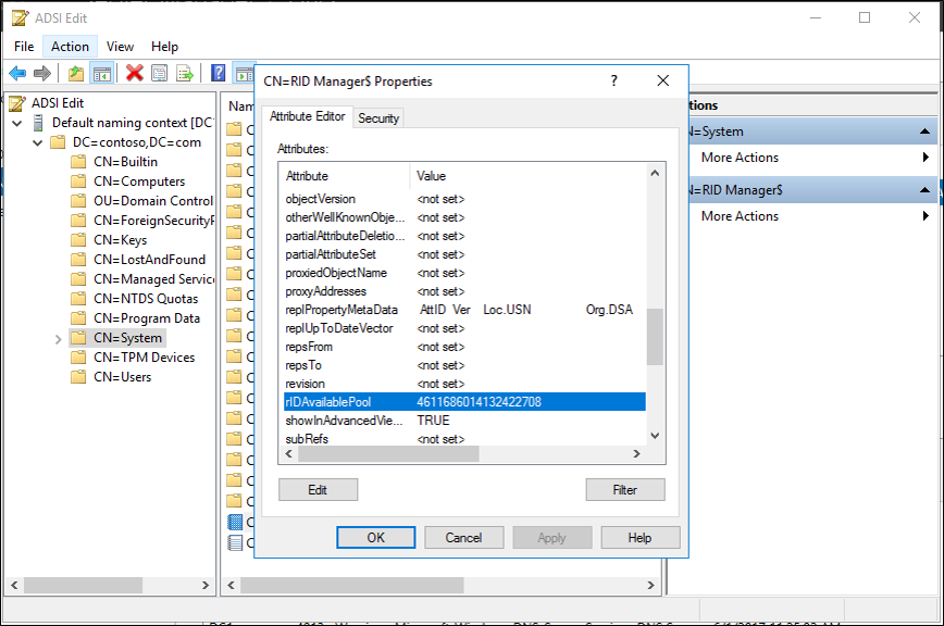 Screenshot that shows the selected rIDAvailablePool attribute.