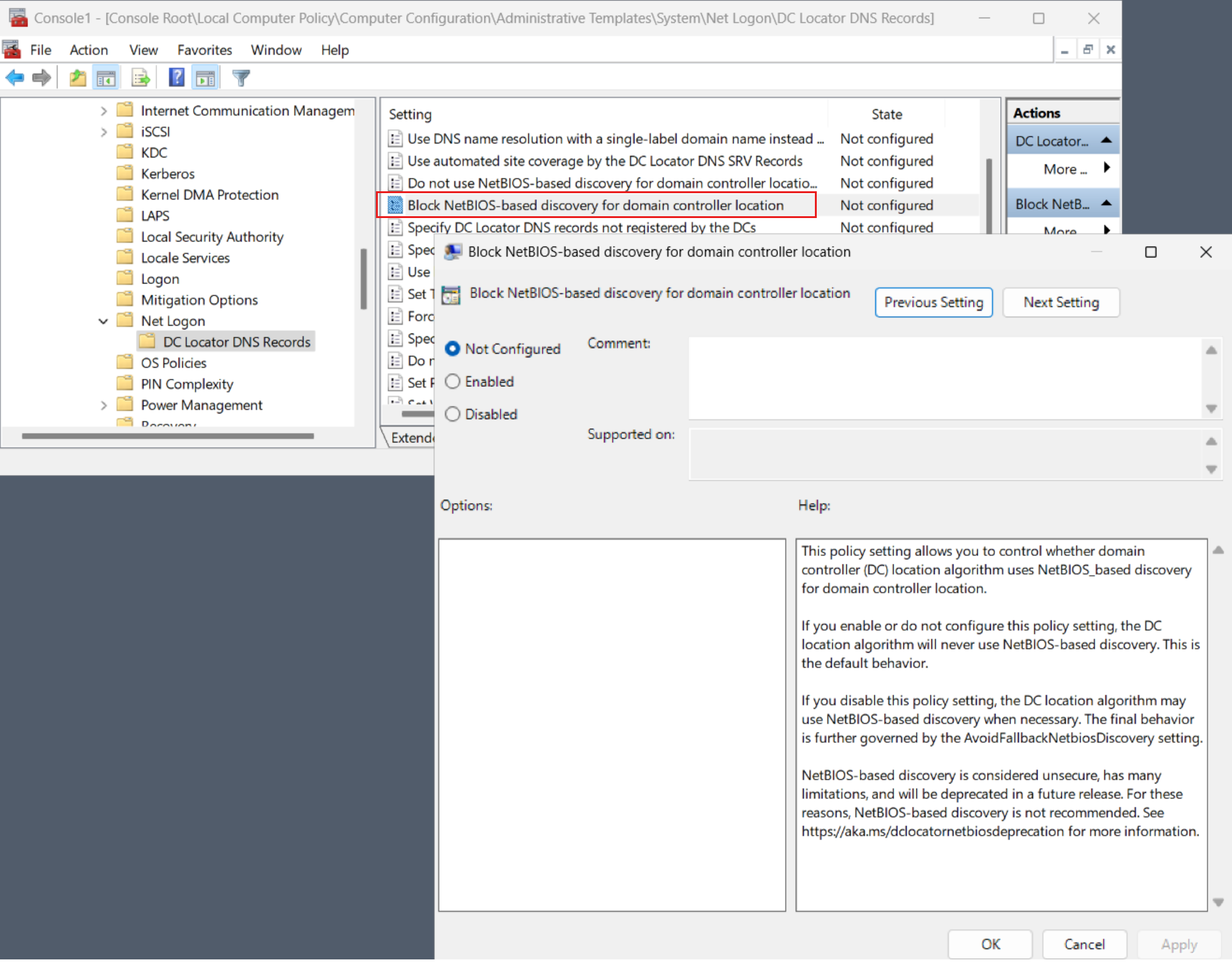 Screenshot of the BlockNetBIOSDiscovery Group Policy setting with default enabled.