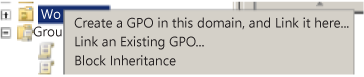 Screenshot of the Group Policy Management console window, where you right-click a Workstations item and select "Link an Existing GPO".