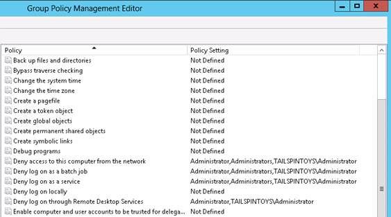 Screenshot that shows configuration settings that block misuse of built-in local and domain Administrator accounts.