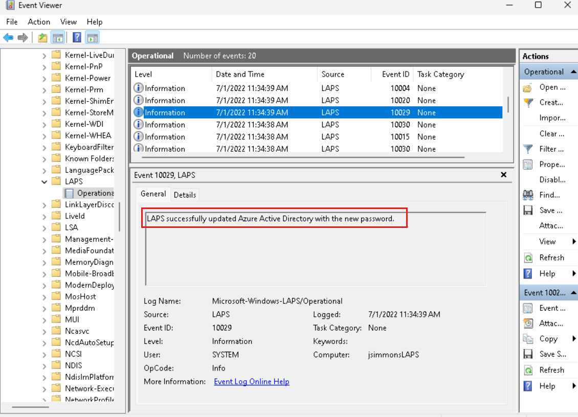 Screenshot of the event log and a successful Microsoft Entra password update event log message.