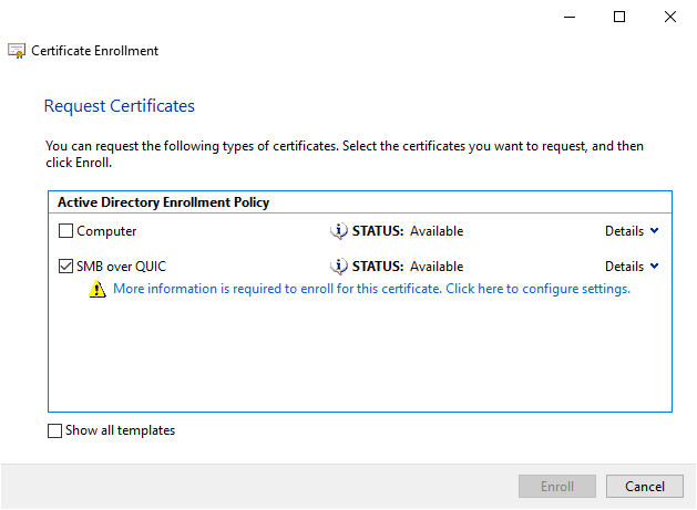 obrázek znázorňující registraci certifikátu konzoly Microsoft Management Console s vybraným protokolem SMB přes QUIC.