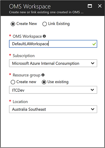 Create Log Analytics resource blade