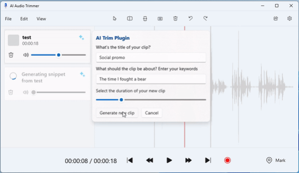 snímek obrazovky ukázkové aplikace Editoru zvuku zobrazující test modulu plug-in AI Audio Trimmer.