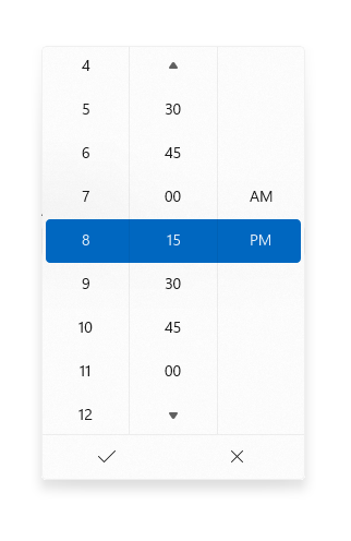 A time picker showing 15 minute increments.