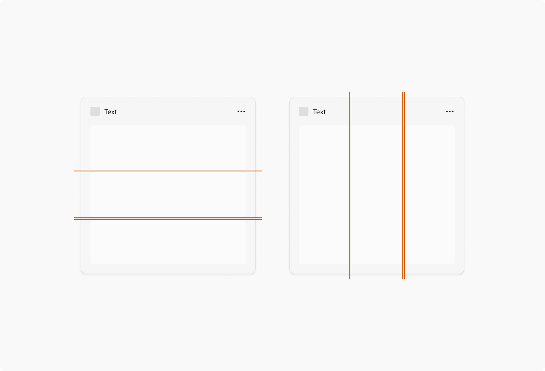 Two widget examples side by side. The left image shows guide lines dividing the widget into three columns, illustrating 4 pixel gutters between the columns. The right image shows guide lines dividing the widget into three rows, illustrating 4 pixel gutters between the rows.