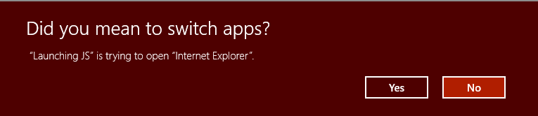 A screenshot of a warning dialog overlayed on a grayed out background of the app. The dialog asks the user if they want to switch apps and has 'yes' and 'no' buttons in the bottom right. the 'no' button is highlighted.