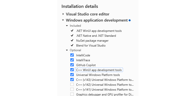 snímek obrazovky s uživatelským rozhraním instalačního programu sady Visual Studio s vybranými nástroji pro vývoj aplikací C++ WinUI.