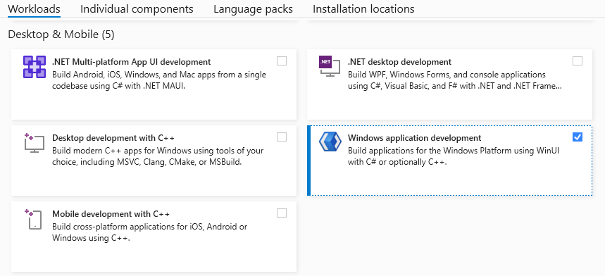 snímek obrazovky s uživatelským rozhraním instalačního programu sady Visual Studio s vybranou úlohou vývoje aplikací pro Windows.