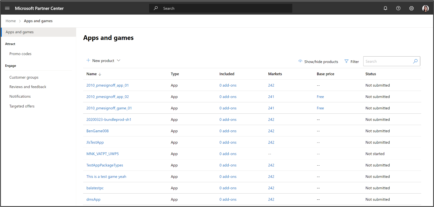 Partner Center Apps and games search