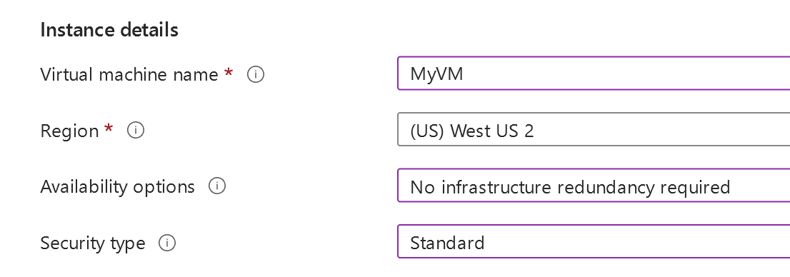 Screenshot of the Instance details section where you provide a name for the virtual machine and select its region, image and size.