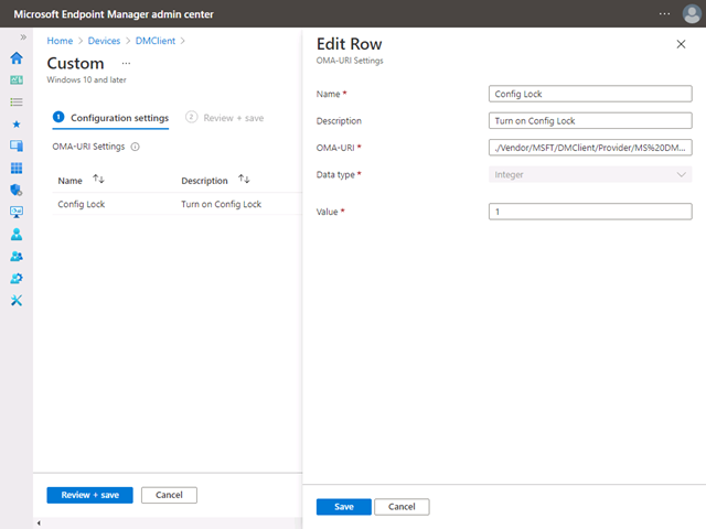 In the Configuration settings step, the Edit Row page is shown with a Name of config lock, a Description of Turn-on config lock and the OMA-URI set, along with a Data type of Integer set to a Value of 1.