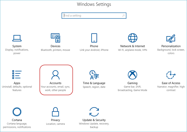 screen of windows settings