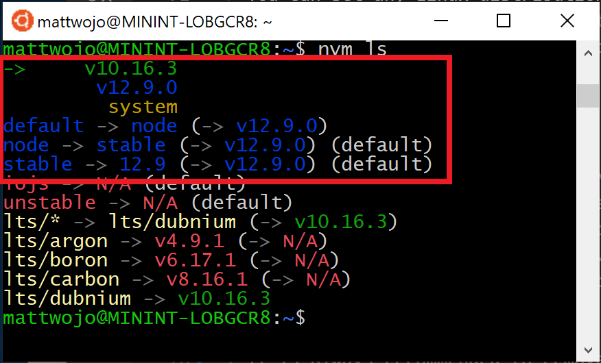 seznam NVM zobrazující LTS a aktuální verze Node