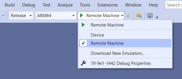 Jako cíl nasazení v sadě Visual Studio vyberte Vzdálený počítač.