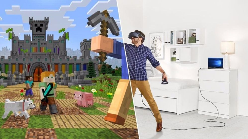 Snímek obrazovky s minecraftem, který hraje uživatel s náhlavní soupravou hybridní reality