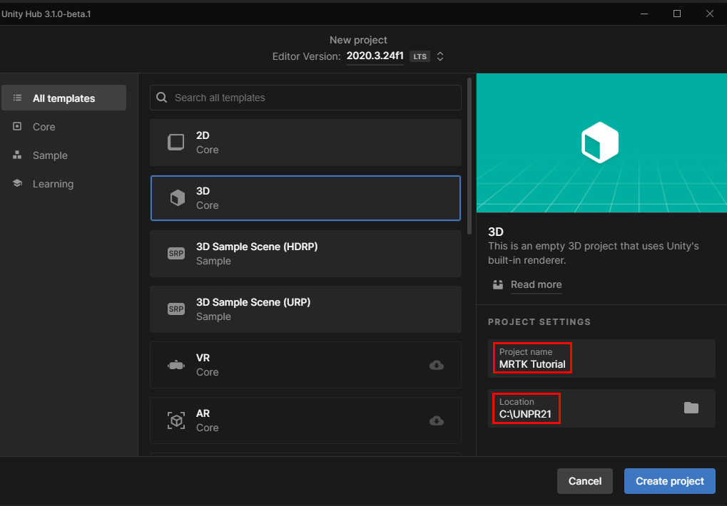 Snímek obrazovky Unity Hubu se zvýrazněnou možností 3D, Název projektu, Umístění a Vytvořit