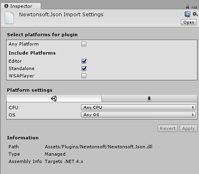 Snímek obrazovky znázorňující správné výběry modulu plug-in Newtonsoft