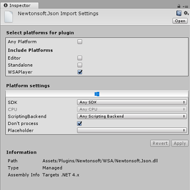 Snímek obrazovky znázorňující správné výběry modulu plug-in Newtonsoft ve složce WSA