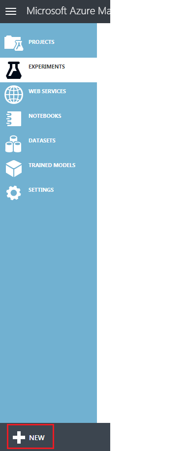 Snímek obrazovky klasického portálu Microsoft Azure Machine Learning Studio se zvýrazněným tlačítkem Nový v nabídce