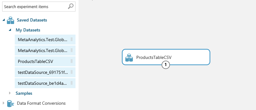 Snímek obrazovky s oknem Experiment, které zobrazuje rozbalenou složku My Datasets (Moje datové sady) v nabídce a Products Table C S V na plátně experimentu