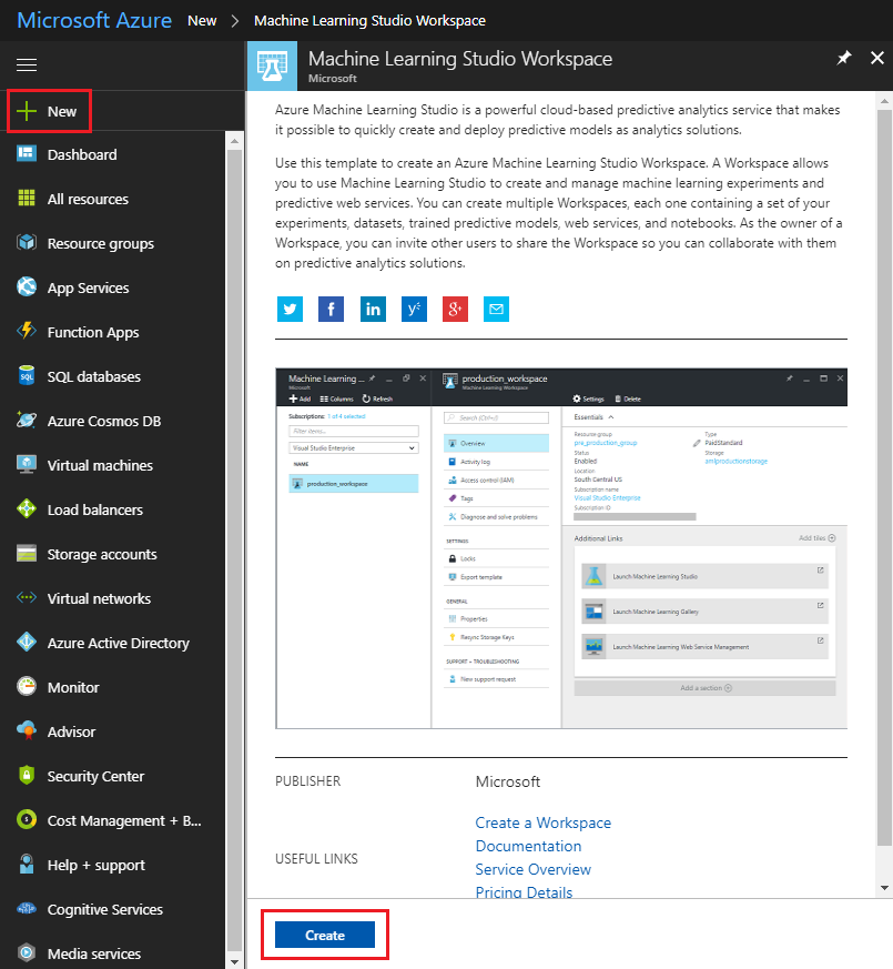 Snímek obrazovky s oknem Microsoft Azure, které zobrazuje pracovní prostor Machine Learning Studio v podokně obsahu