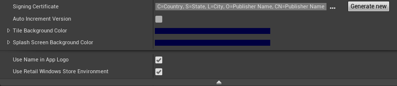 Snímek obrazovky unreal editoru s rozbaleným oddílem generování certifikátů v nastavení projektu