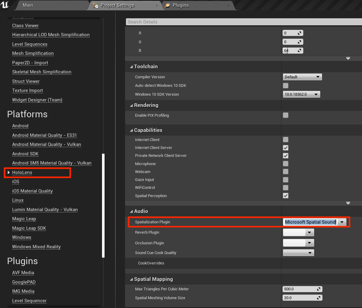 Modul plug-in spatialization pro platformu HoloLens