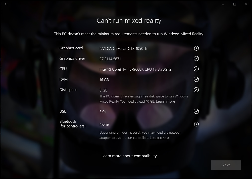 Snímek obrazovky s kontrolou počítače s Windows Mixed Reality