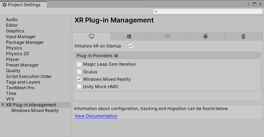 Správa modulu plug-in XR s vybranou kartou Standalone