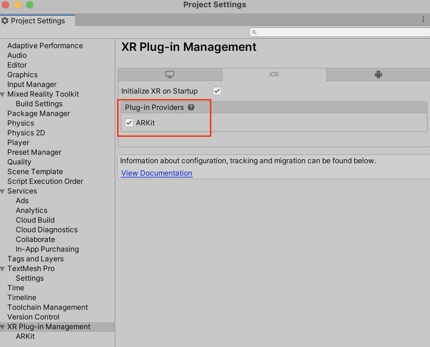 Správa modulů plug-in XR iOS