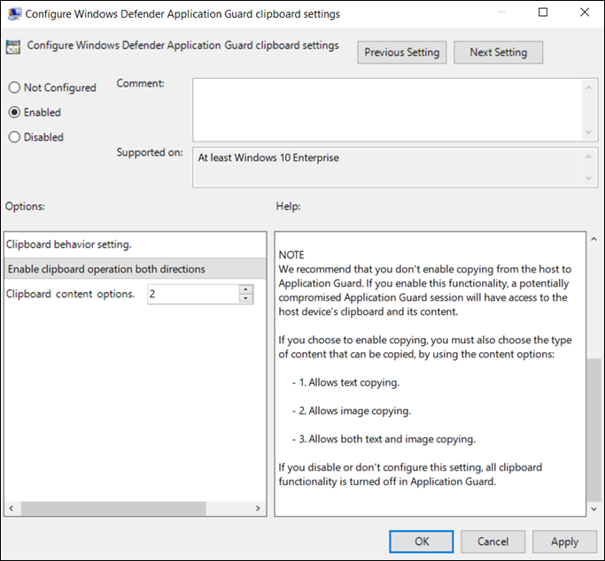 Group Policy editor clipboard options.