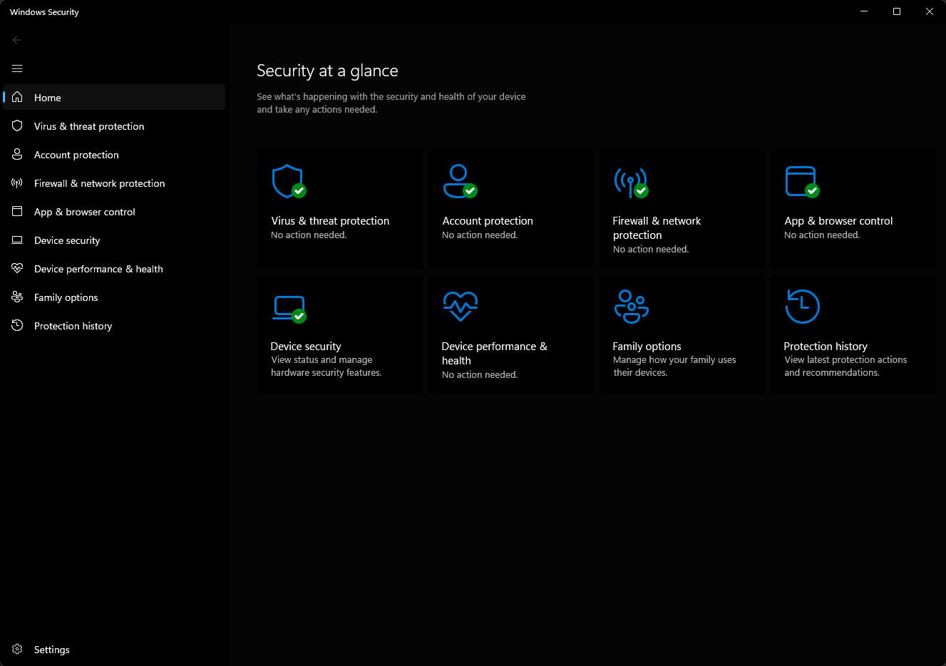 Screenshot of the Windows Security showing that the device is protected and five icons for each of the features.